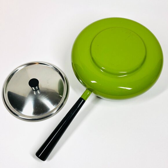 60s Olive Green Enamel Fondue Pot and Lid Midcentury Modern Sleek Cookware - Picture 4 of 10